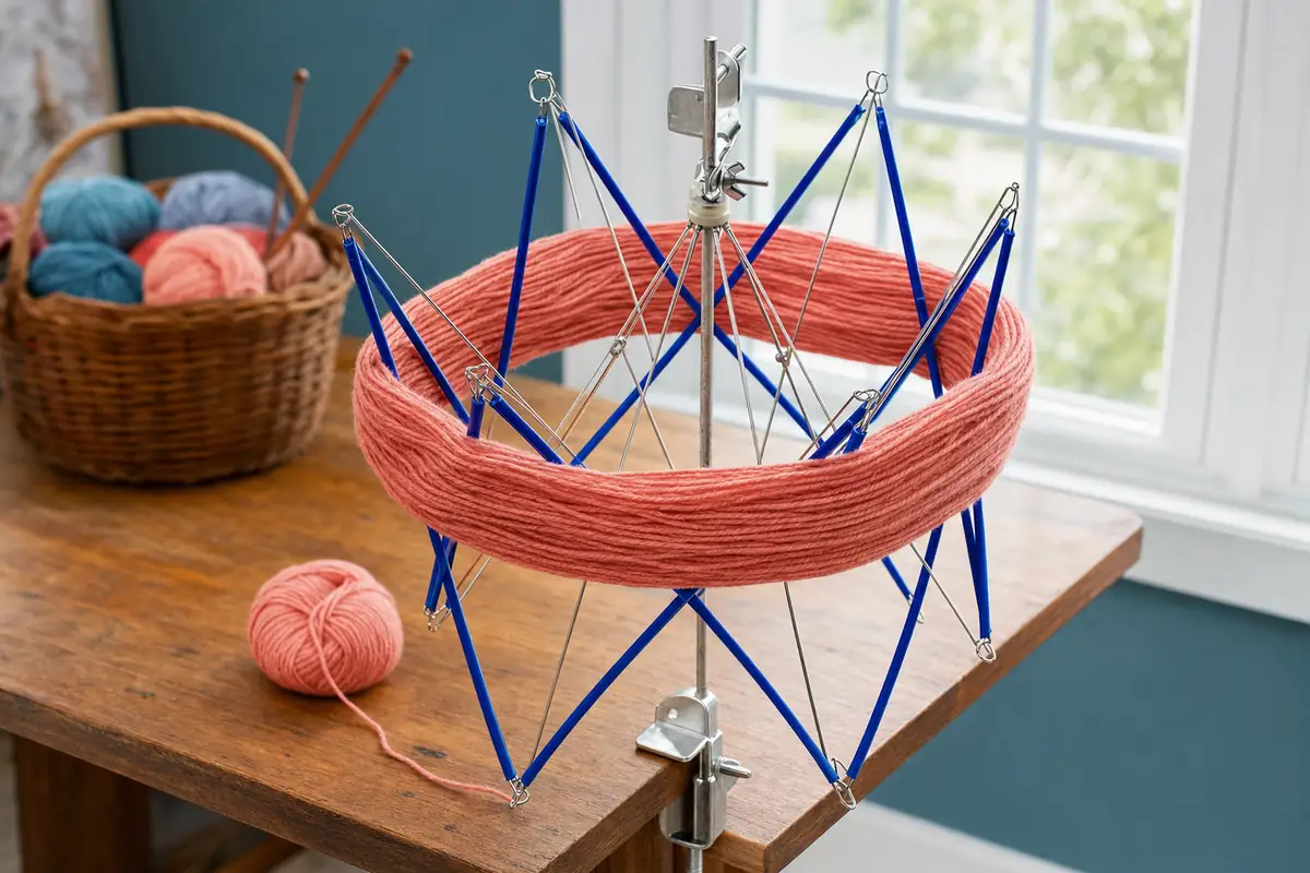 Hand pulling yarn from a blue umbrella swift clamped to a table while the frame rotates