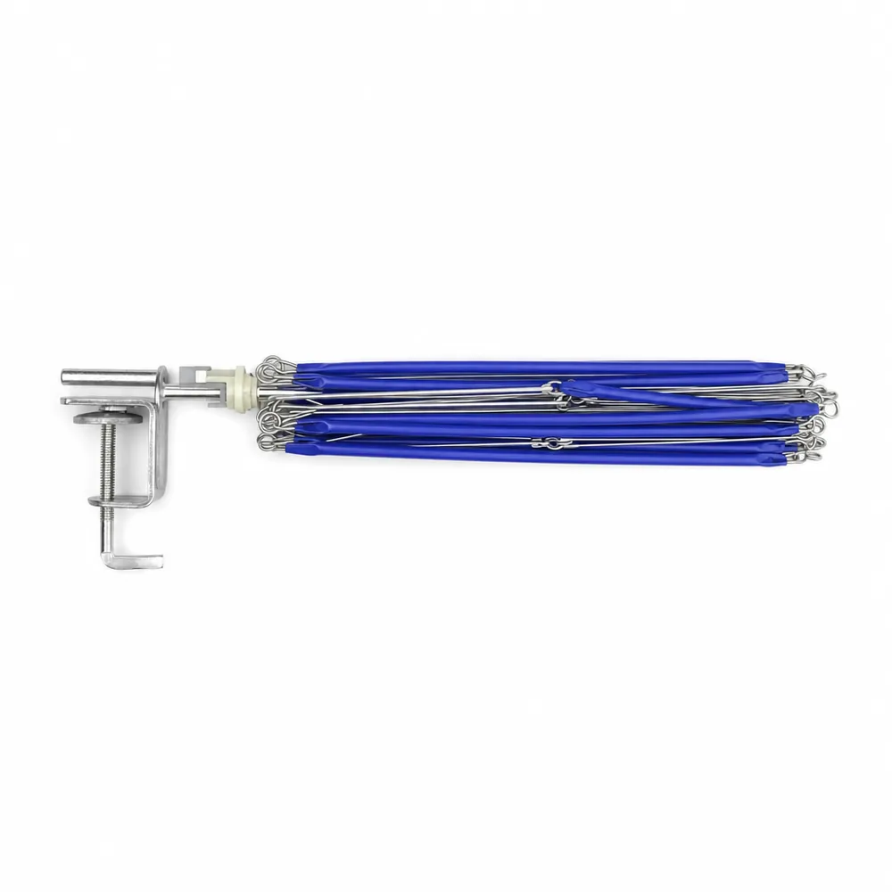 The blue umbrella swift folded flat with its arms collapsed together and the screw clamp attached